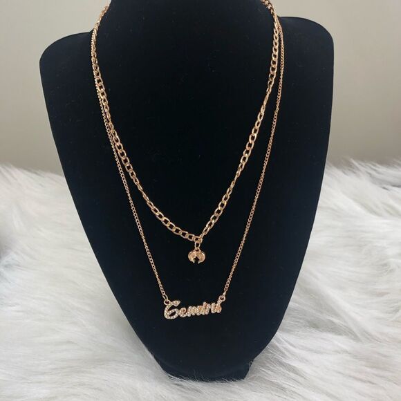 18 K Gold Plated Double Layer Diamond Gemini Zodiac Sign Necklace - Picture 3 of 3
